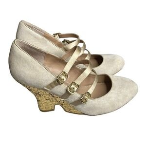 Miss Albright Anthropologie Beige Suede Foxfire Wedge 8 M Gold Glitter Heel